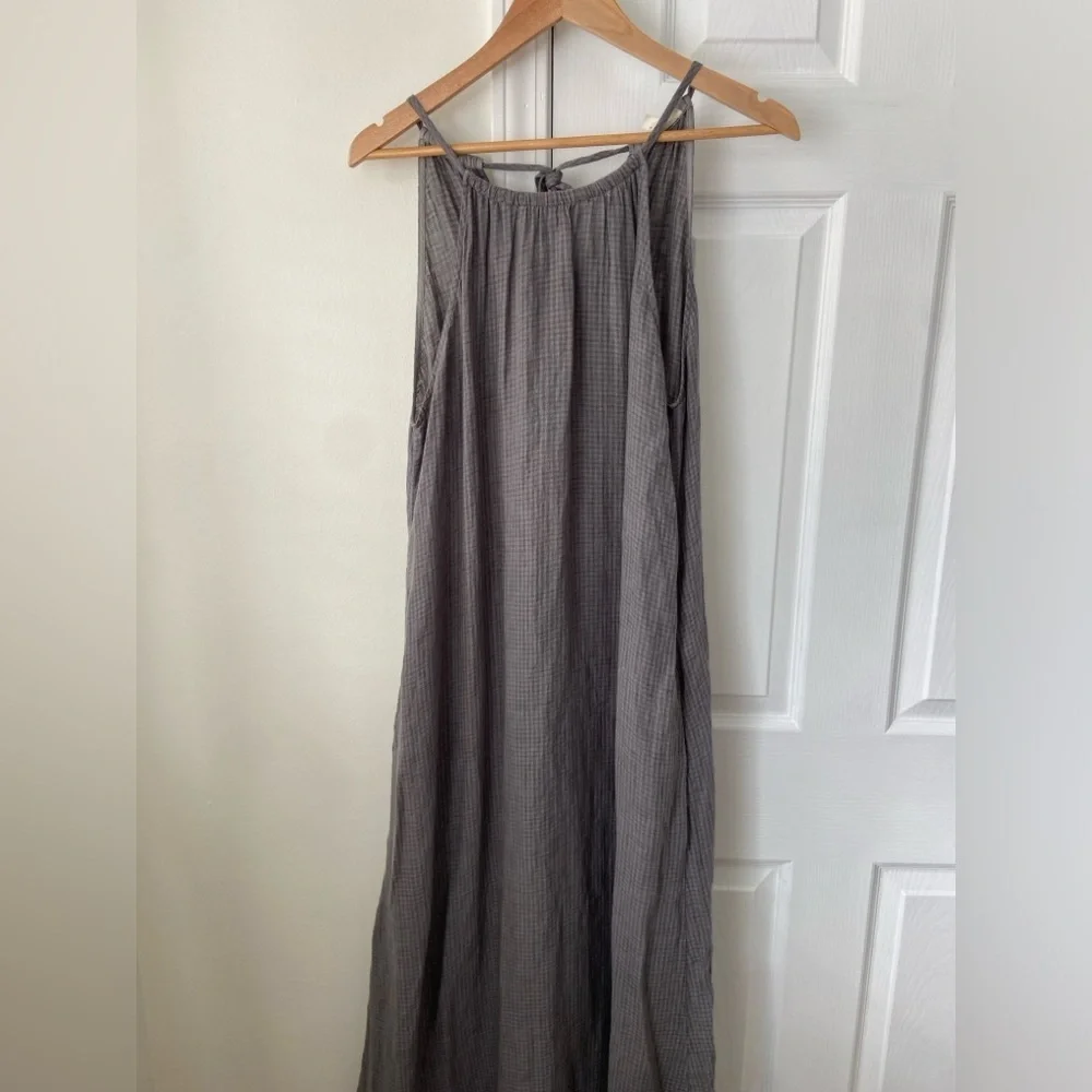 Eileen Fisher Organic Cotton Pucker Cami Dress Gray Gingham Garnet Jill Size S - Picture 2 of 7